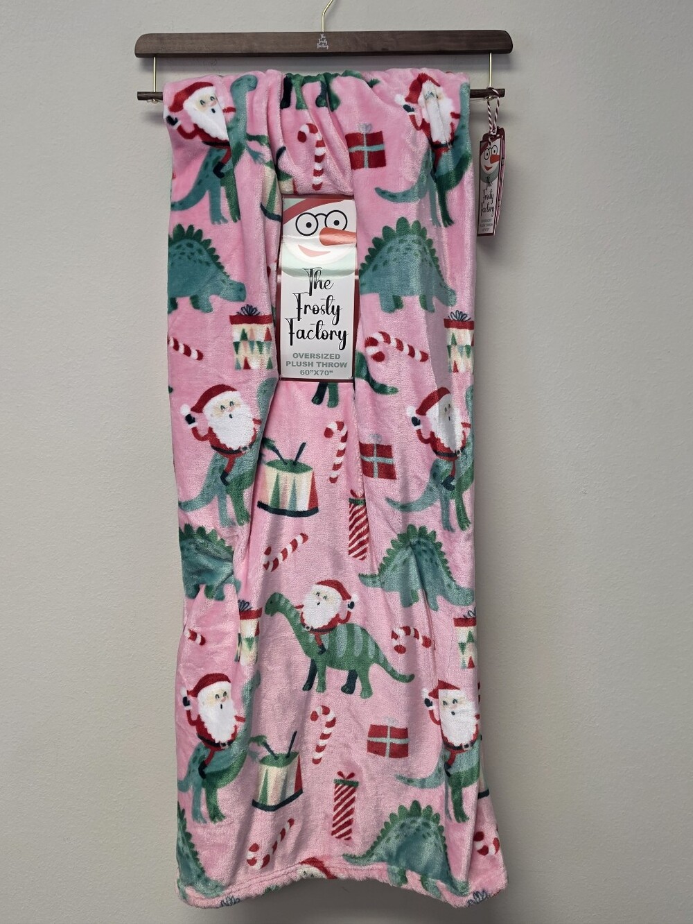 The Frosty Factory Christmas Santa and Dinosaur Oversized Throw Blanket Pink